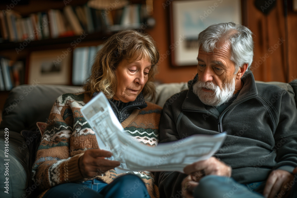 Man and Woman Sitting on Couch Looking at Piece of Paper