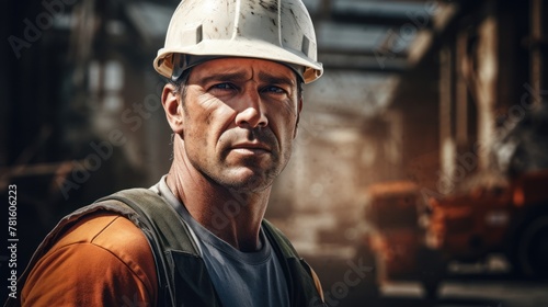 A male builder in a helmet and vest looks into the distance. There is a construction site in the background.