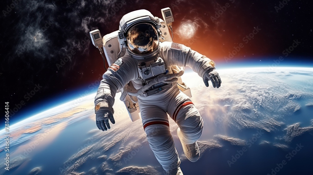 An astronaut in space, with the Earth as a backdrop.