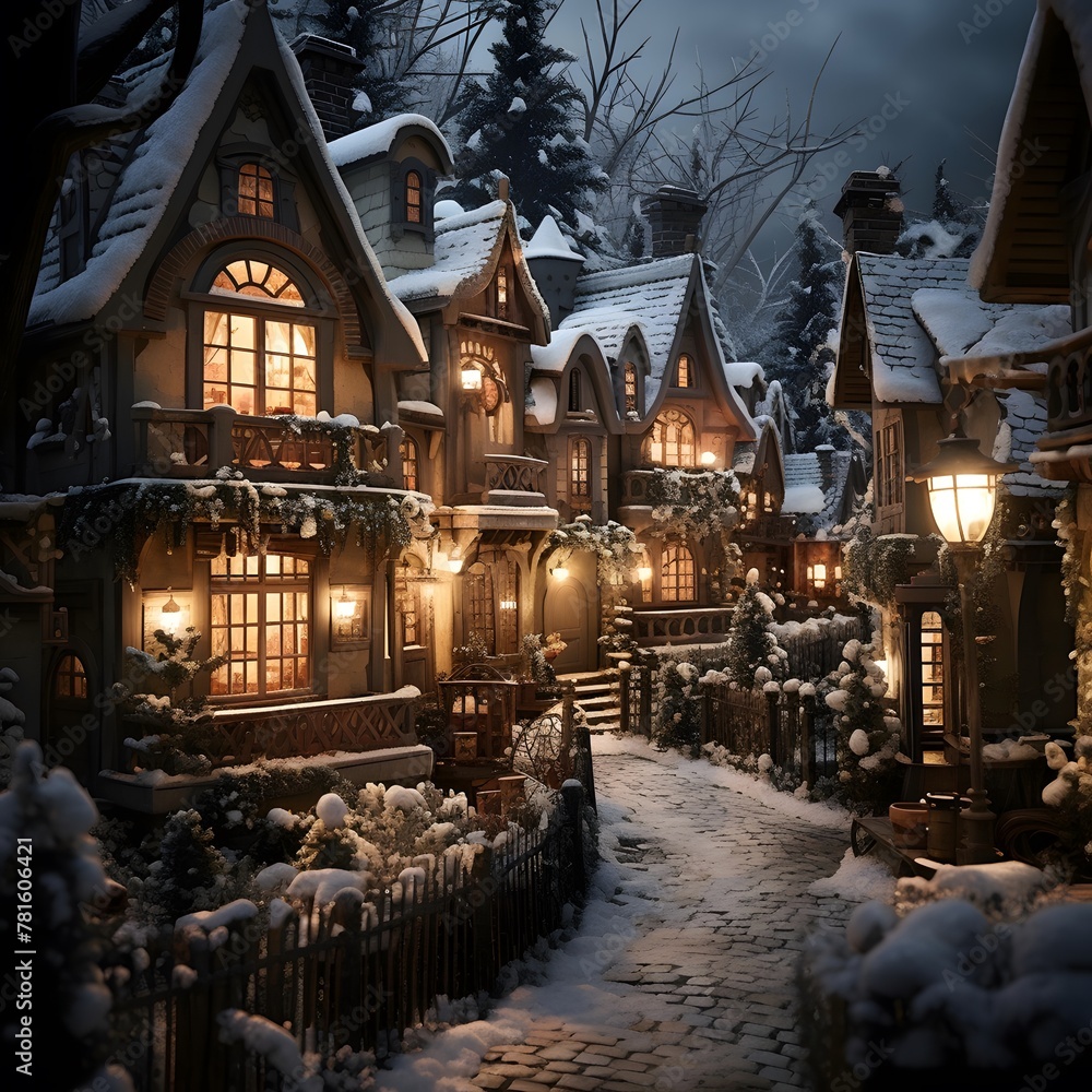 Winter fairy tale scene with wooden houses, lanterns and snowflakes.