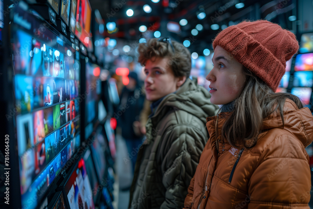 Young Couple Browsing Electronics in a Tech Store at Night