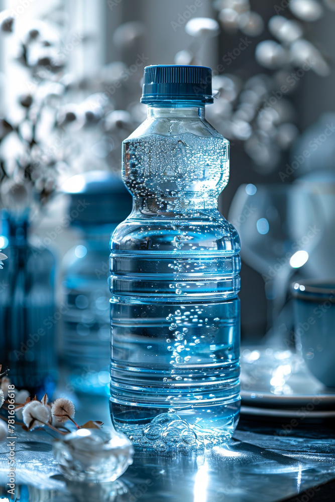 Bottled water and cup on table