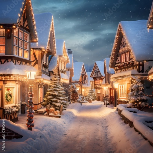 Beautiful winter night in the village. Christmas and New Year background. © A