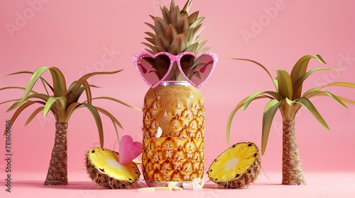 A fizzy drink in a can is placed in a half-cut pineapple. The drink has a pineapple flavor and is topped with heart-shaped sunglasses. Two small coconut trees are on either side of the pineapple. photo