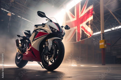 Sleek Motorcycle Showcased in Industrial Setting Under British Flag