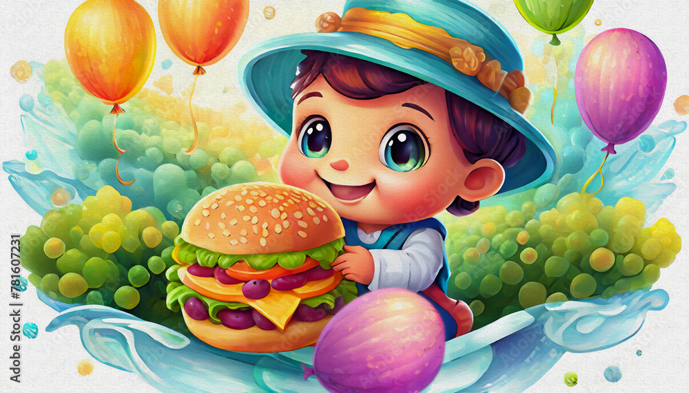 OIL PAINTING STYLE CARTOON CHARACTER CUTE BABY hold big burger isolated on white background, top view