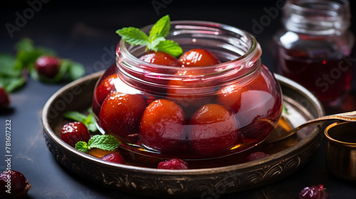wide top view background of Indian sweets, clear glass jar full of Gulab jamun and sugar syrup banner image in dark color table