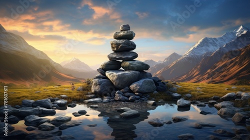A cairn sits on a pond in a mountain valley. The sky is blue with orange clouds. photo