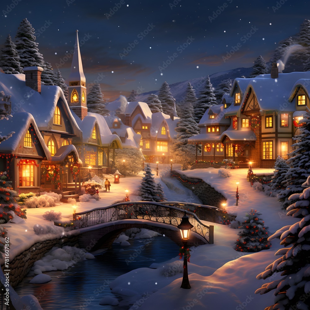 Winter village at night with snow covered houses and bridge. Christmas background.