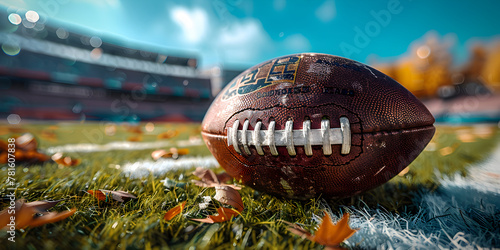 Close up of american football ball on arena or stadium field grass background with autumn leaves. Sports safety equipment banner with copy space. photo