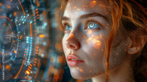 Data reflected on a woman's face. Computer programmer big data and ux designer concept