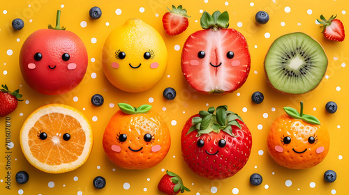 Funny faced fruits bringing joy, on a white canvas photo