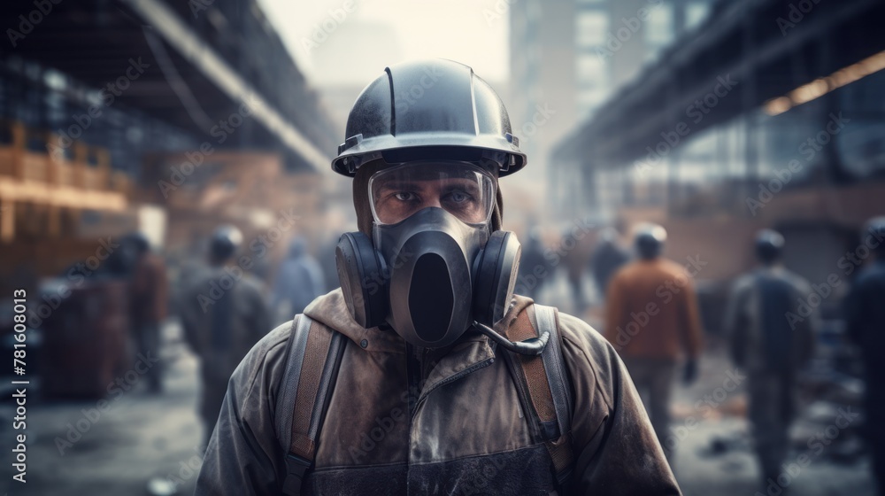 A man wearing a hard hat and a gas mask stands in a foggy street filled with workers. A man wearing a hard hat and a gas mask stands in a foggy street filled with workers.