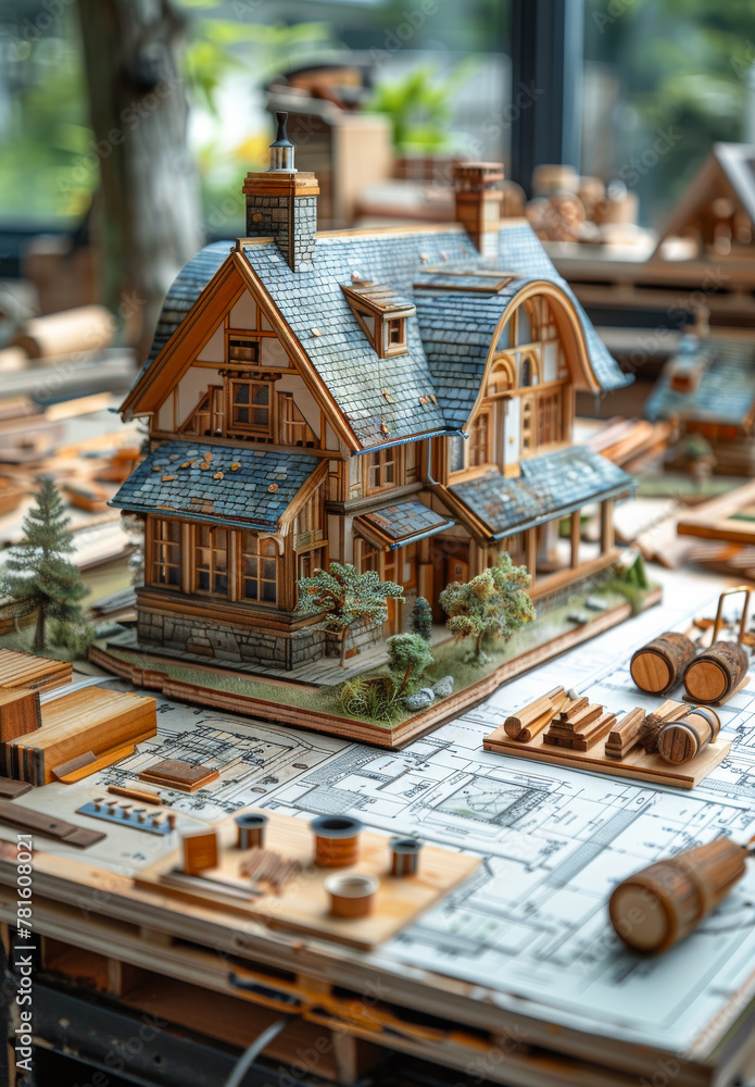 Model of wooden house on the background of the drawing and construction tools Model of wooden house on the background of the drawing and construction tools