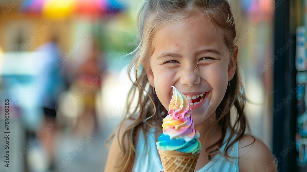 A happy young girl in Virginia enjoys a colorful rainbow ice cream cone. A happy young girl in Virginia enjoys a colorful rainbow ice cream cone.