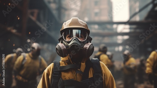 A group of workers in yellow protective suits, gas masks, helmets and backpacks walks through a smoky city.