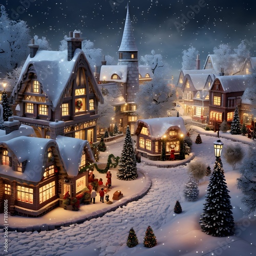 Christmas village in the snow. 3D illustration. Christmas background.