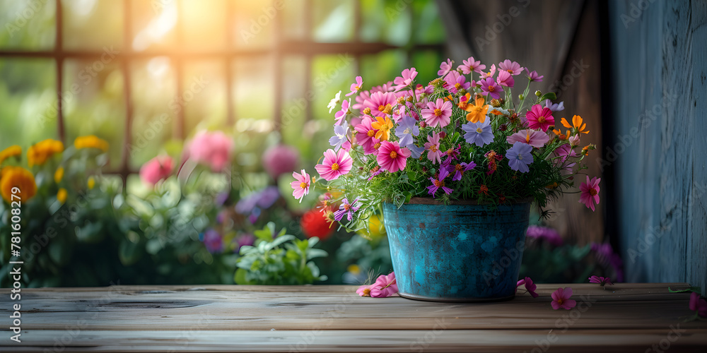 Colorful garden flowers pots on wooden table. Gardening background mockup concept with copy space.