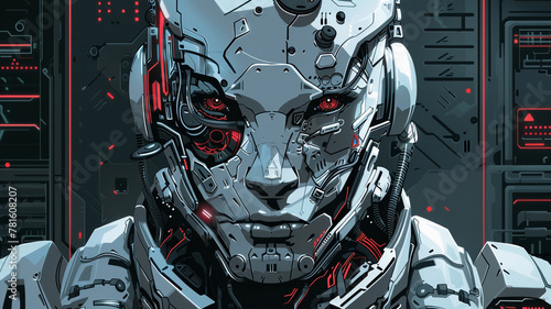 A cybernetic mercenary graphical vector face with cybernetic enhancements and combat gear, hired for missions in a high-tech world. photo