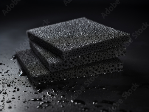 Dishwashing scouring pad forms the background of black sponge cloth photo
