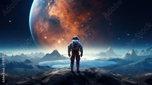 An astronaut stands on a rocky outcrop and looks at a large planet. The planet is orange-red  with a large lake in the foreground. The sky is blue and there are mountains in the background.