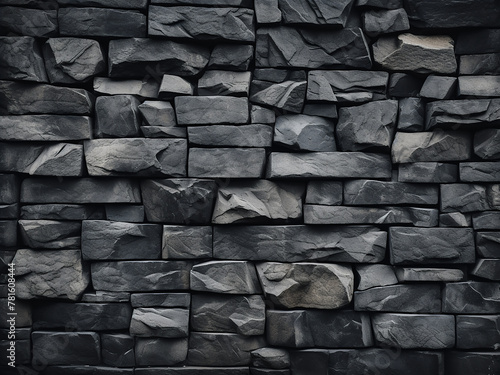 Textured background showcases a black wall constructed with stone blocks