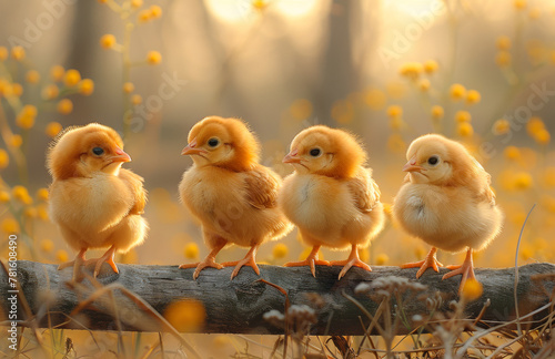 Four little chickens sit on stick in the spring