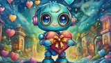 oil painting style cartoon character Cute robot presenting heart shaped gift blurred background