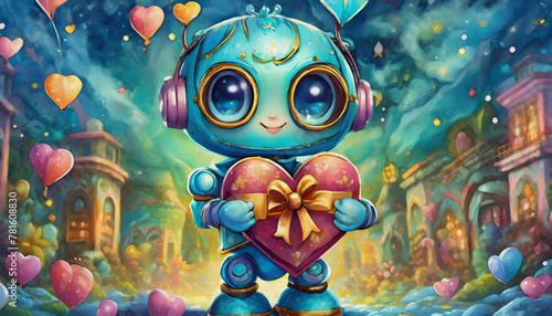 oil painting style cartoon character Cute robot presenting heart shaped gift blurred background © stefanelo