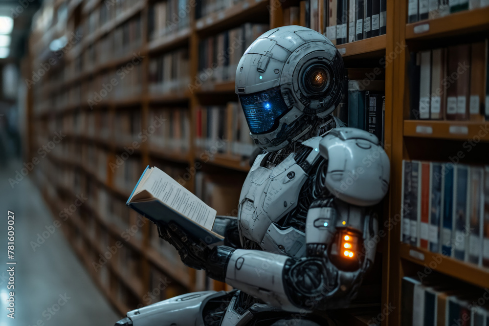 Robot reading book in library Robot reading book in library