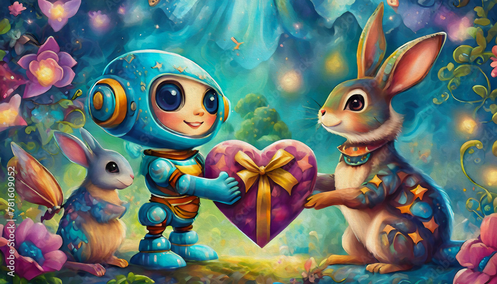 oil painting style cartoon character Cute robot presenting heart shaped gift to animals on magical blurred background,