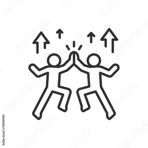 Celebrating growth and success, linear icon. Teamwork and collaborative efforts. People give each other high-fives in a jump, with arrows. Line with editable stroke