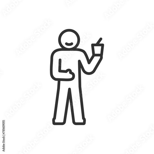 Digestion and beneficial product, linear icon. The person has eaten and rubs the stomach contentedly, the intestines are working. Line with editable stroke