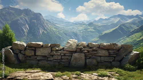 A stone wall sits in a grassy area in front of a mountain range. The sky is blue with white clouds.