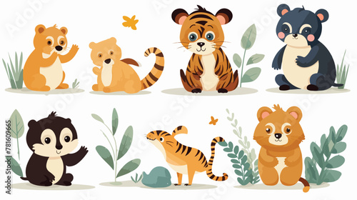 Of cute hand drawn wild animals stand and eating fo