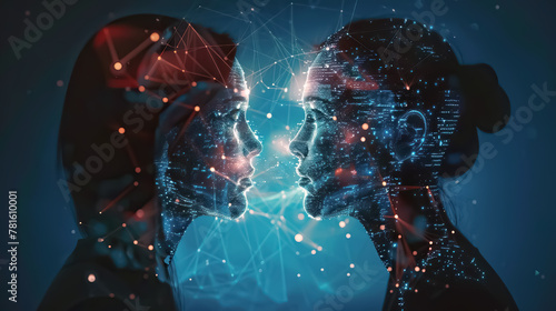 two female artificial intelligence clones looking eachother with intricate networks of glowing lines dots tech concept photo