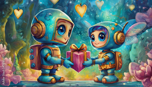 oil painting style cartoon character Cute robot presenting heart shaped gift blurred background