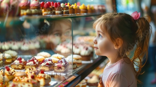A little girl with pigtails looks longingly at a display of cupcakes in a glass display case. photo