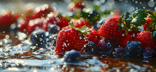 Fresh strawberries and blueberries falling into the water with splash and drops photo