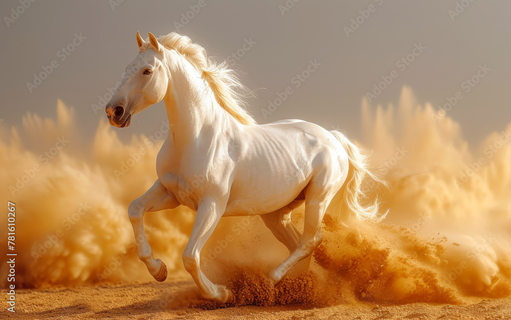 White horse runs gallop in the sand