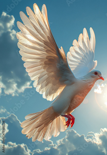 Dove in the air with wings wide open in-front of the sun photo