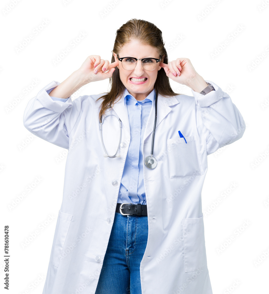 Middle age mature doctor woman wearing medical coat over isolated background covering ears with fingers with annoyed expression for the noise of loud music. Deaf concept. Middle age mature doctor woman wearing medical coat over isolated background covering ears with fingers with annoyed expression for the noise of loud music. Deaf concept.