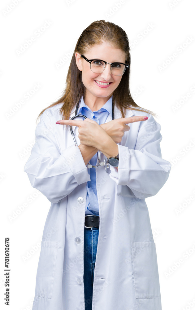Middle age mature doctor woman wearing medical coat over isolated background Pointing to both sides with fingers, different direction disagree Middle age mature doctor woman wearing medical coat over isolated background Pointing to both sides with fingers, different direction disagree