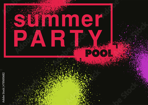 Summer Pool Party typographic grunge vintage poster design with colorful splash stains. Vector illustration.