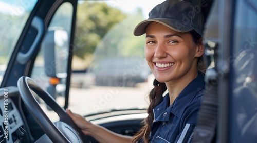 A smiling woman in a truck driver's cap sits in the driver's seat of a truck on a sunny day.