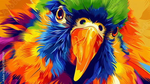 Vibrant vector face of a tropical bird with colorful feathers and an alert gaze.