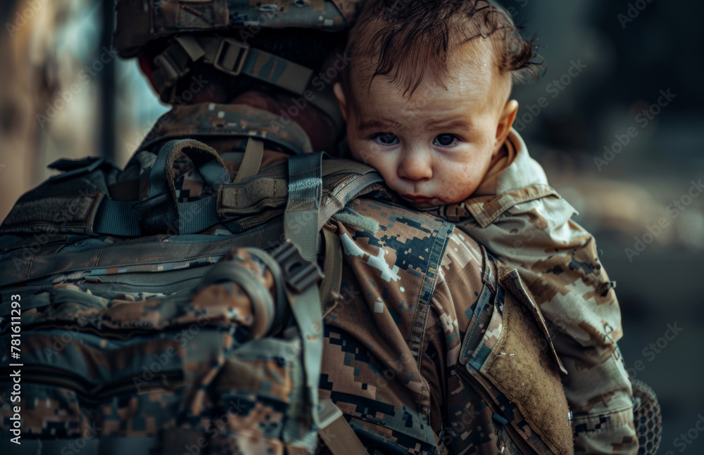 A soldier in military uniform carries his little son in his arms A soldier in military uniform carries his little son in his arms