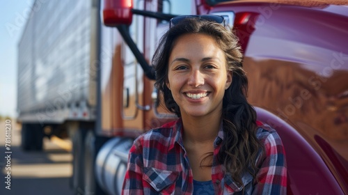 A woman driver with a smile on her face in a checkered shirt stands in front of a red truck.