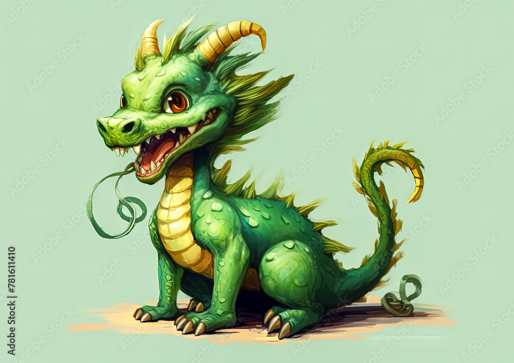 Fototapeta premium A green dragon with a big smile on its face. It is sitting on a white background. The dragon has a cute and friendly appearance