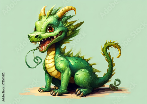 A green dragon with a big smile on its face. It is sitting on a white background. The dragon has a cute and friendly appearance